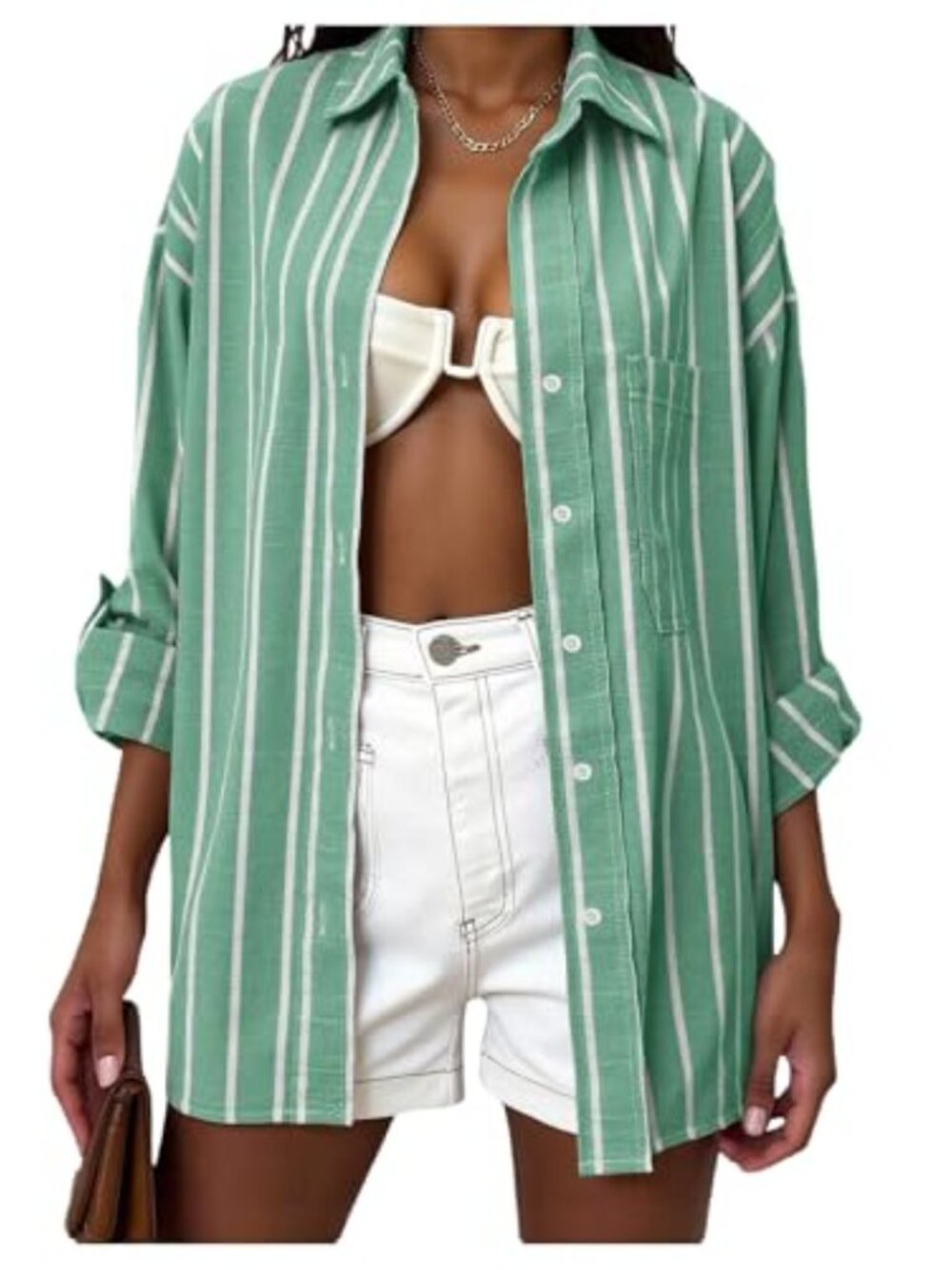 Oversized Striped Button Down Blouse Women Long Sleeve Loose Fit Casual Cotton